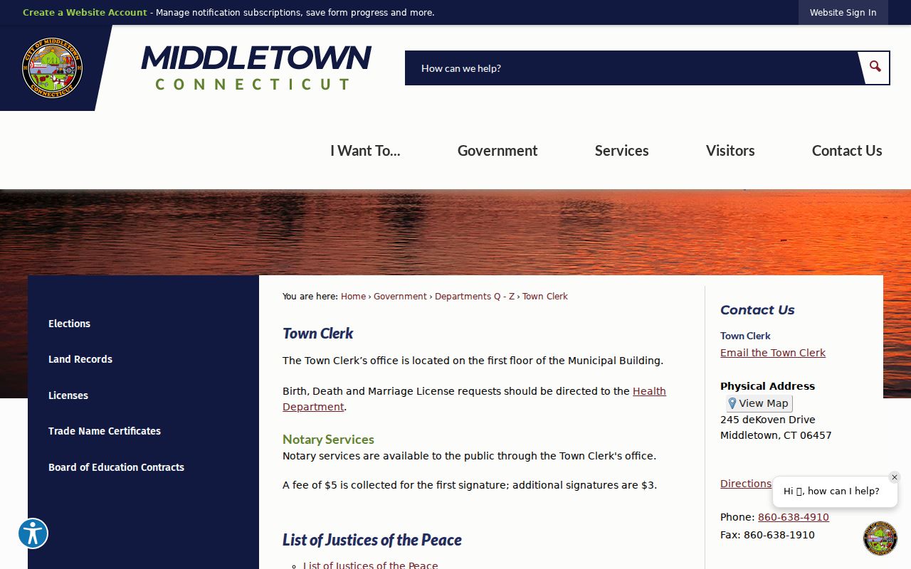 Middletown residents directory Town Clerk land records and local filing office