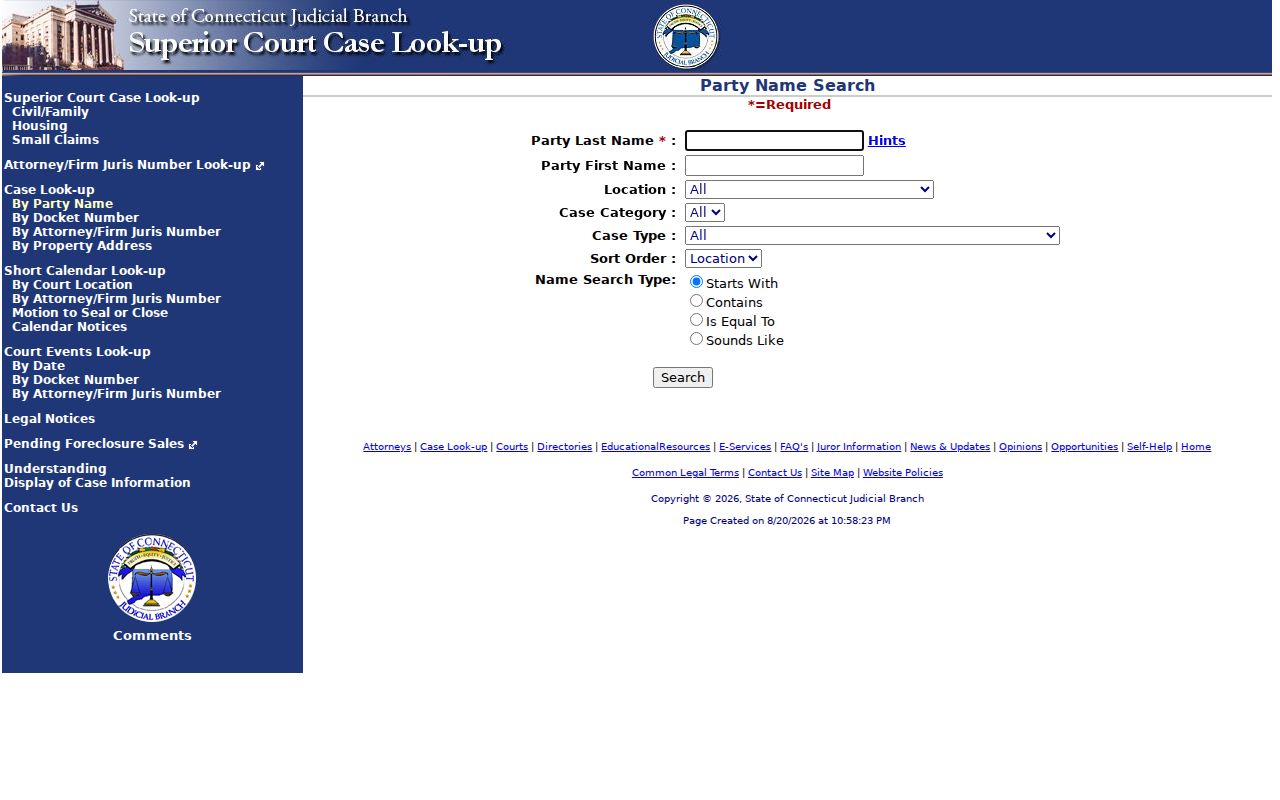 Middletown resident lookup showing Connecticut Superior Court party search fields