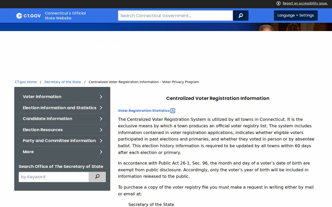 Middletown resident lookup showing Connecticut voter file request instructions and privacy rules