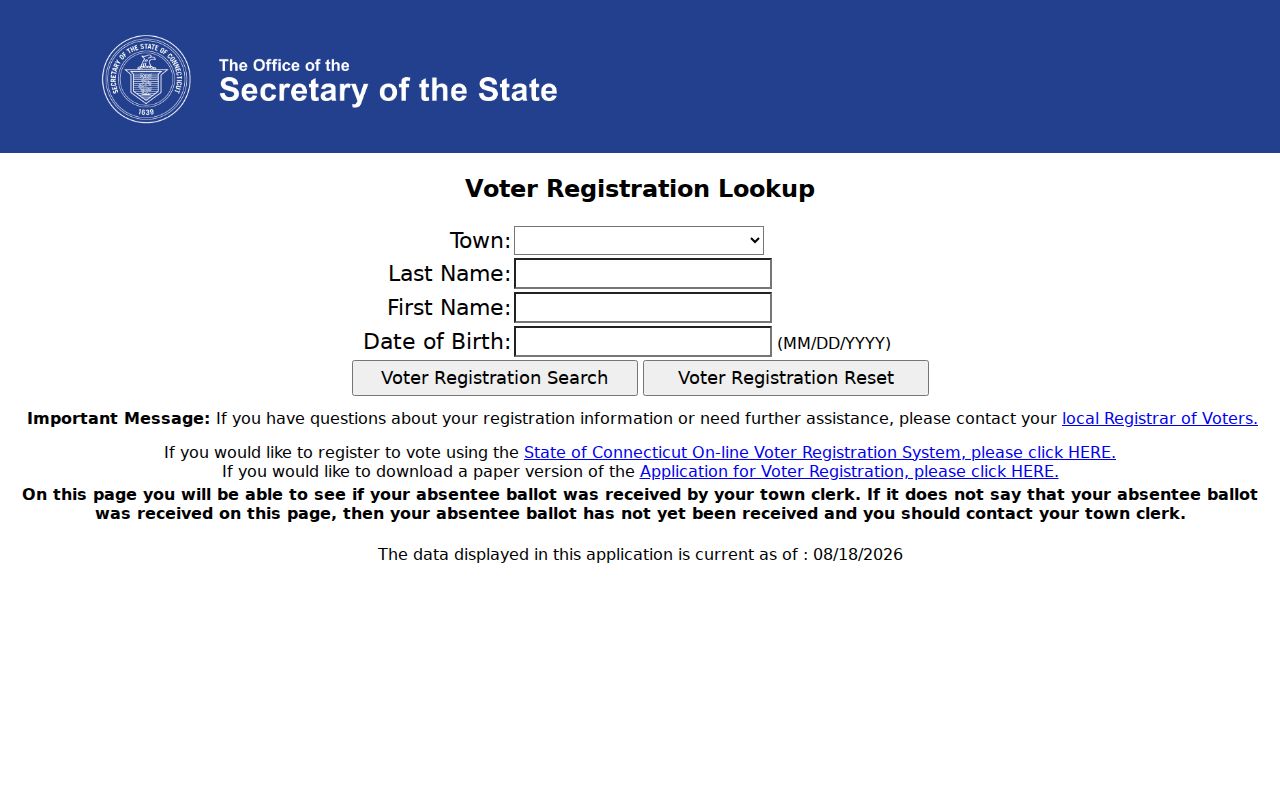 Middletown resident lookup showing the Connecticut MyVote status route