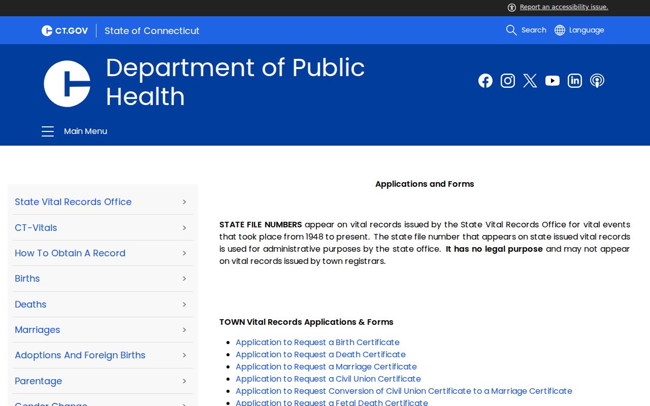 Middletown resident lookup showing Connecticut vital record applications and forms