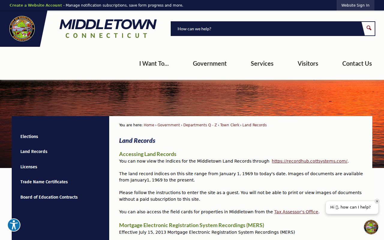 Middletown street directory land records coverage and RecordHub route
