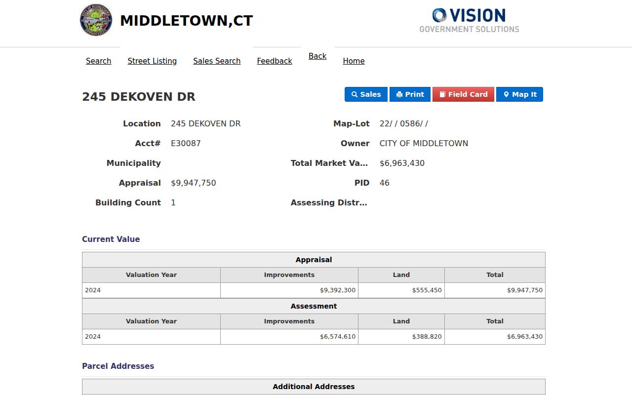 Middletown street directory municipal building parcel card