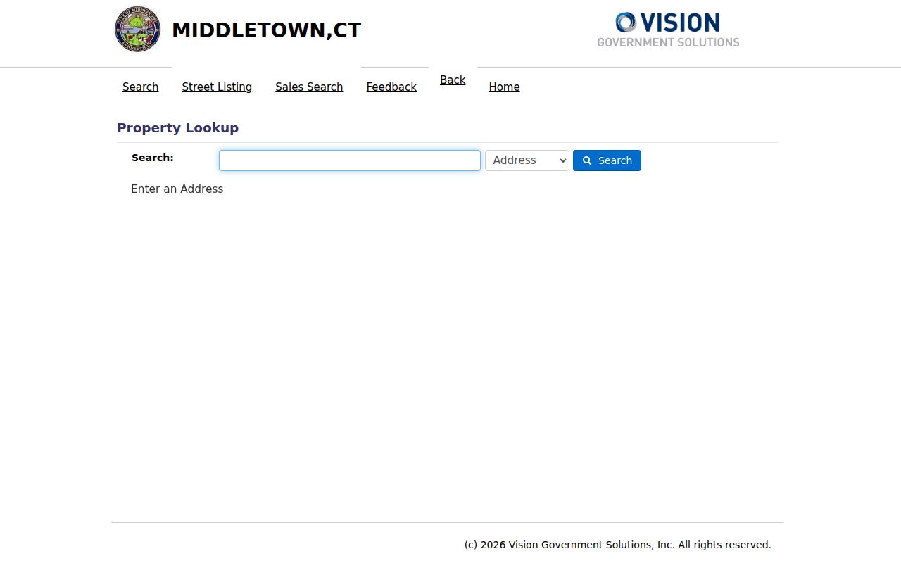 Middletown street directory Vision Property Lookup search modes