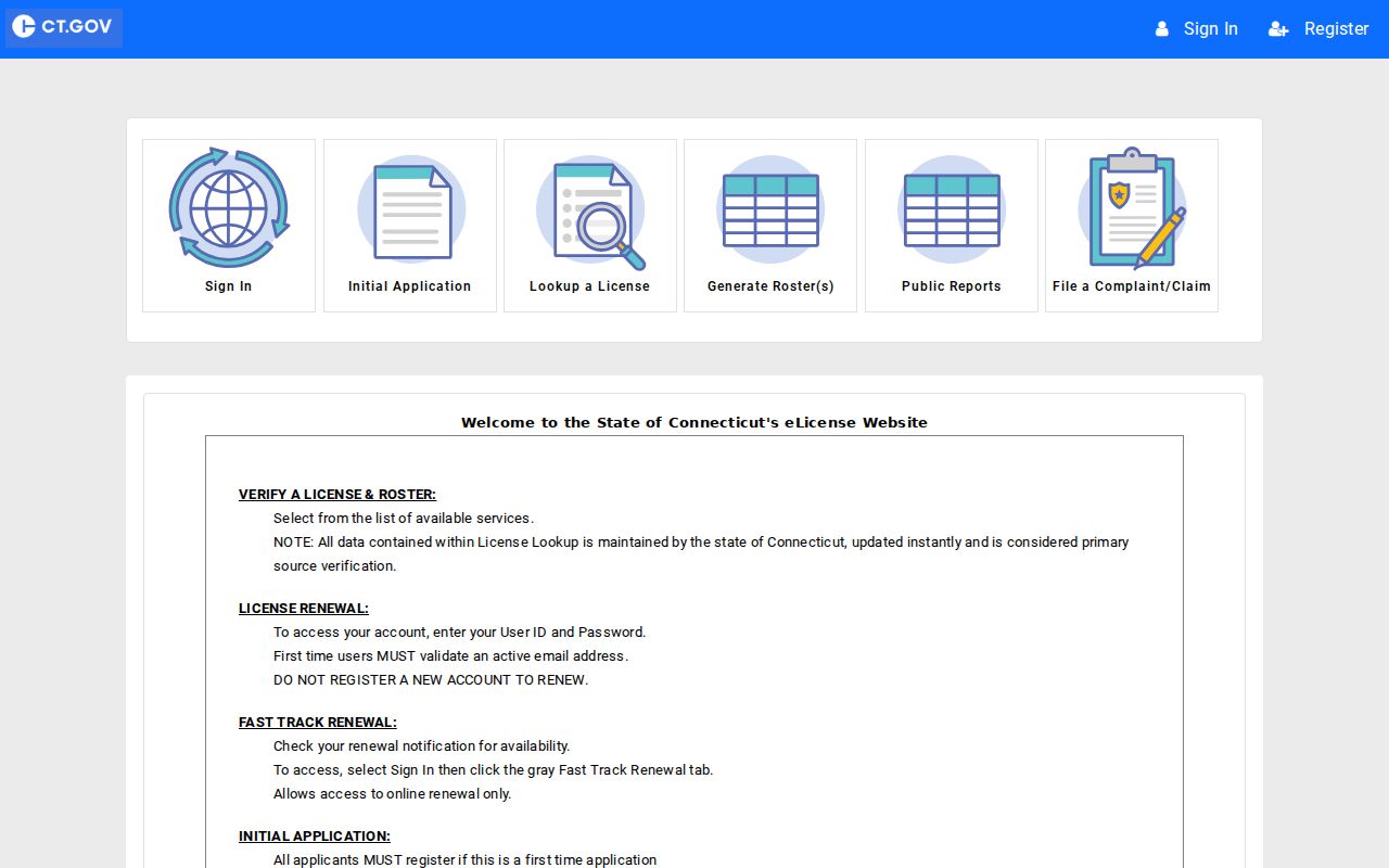 Middletown ZIP code directory showing Connecticut eLicense address search fields