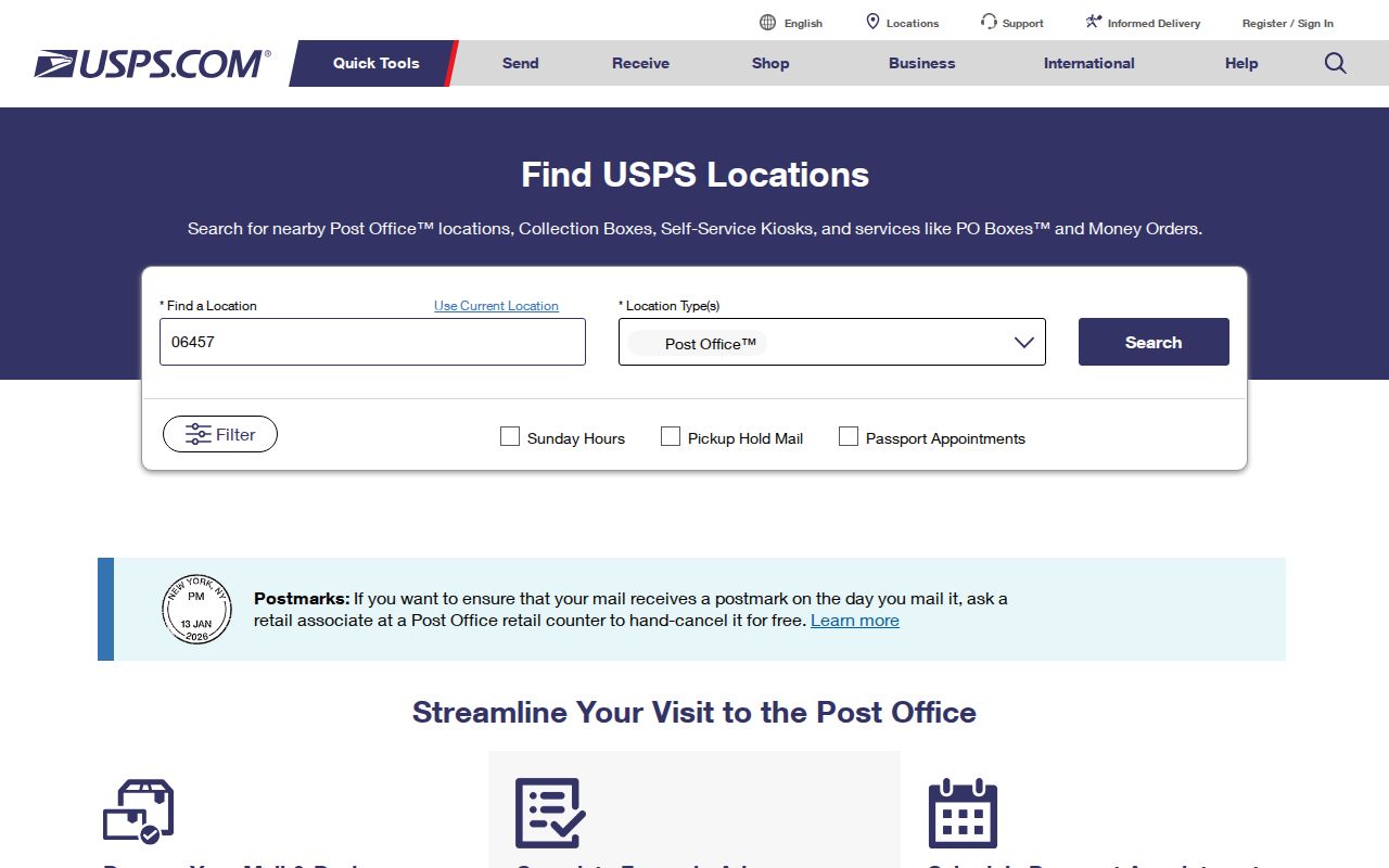 Middletown ZIP code directory showing the USPS 06457 facility lookup at 11 Silver Street